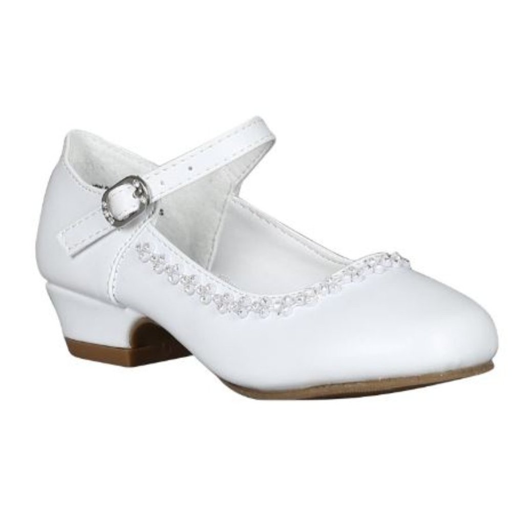 Toddler/Little Girls Round Toe Rhineston Accents Ankle Strap Kiddie Heel - White